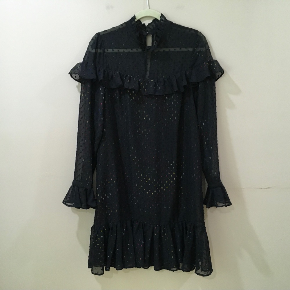 BETSEY JOHNSON women's black rainbow glitter dotted high neck ruffle dress SZ 10 - Picture 2 of 7